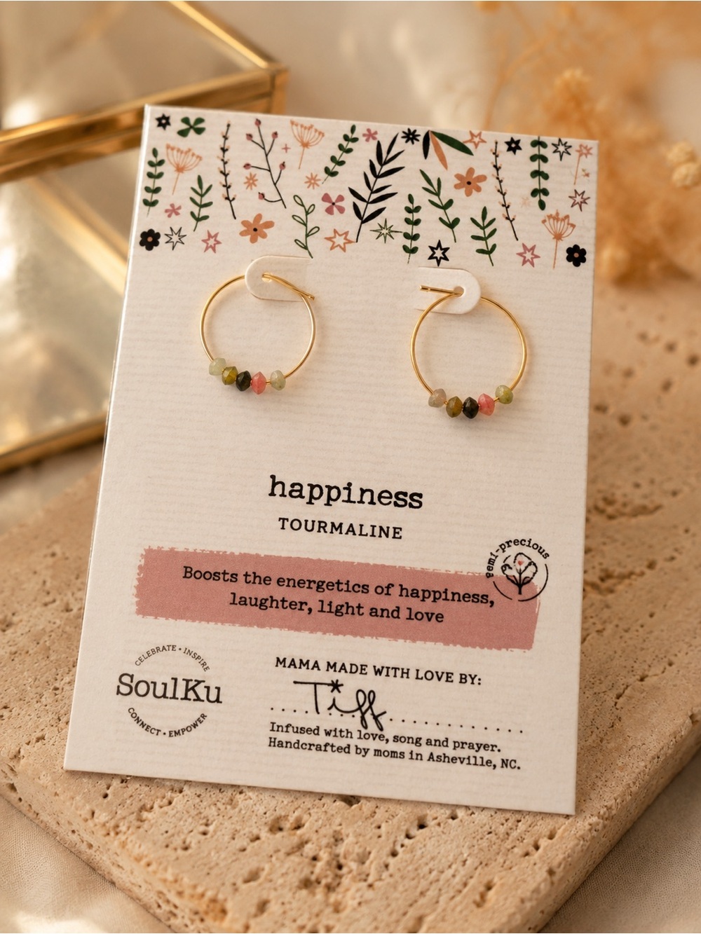 Soulku Handcrafted Natural Tourmaline Gold Hoop Earrings Happiness NWT